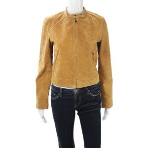 Zara Women Biker Motorcycle Jacket Tan Snap High Neck Long Sleeve Size XS